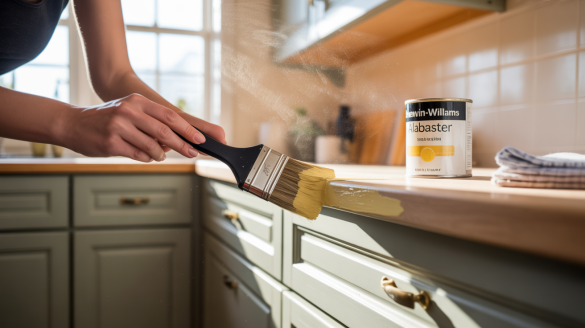 A photograph depicting a person's hands carefully painting kitchen cabinets with a soft-bristled brush.