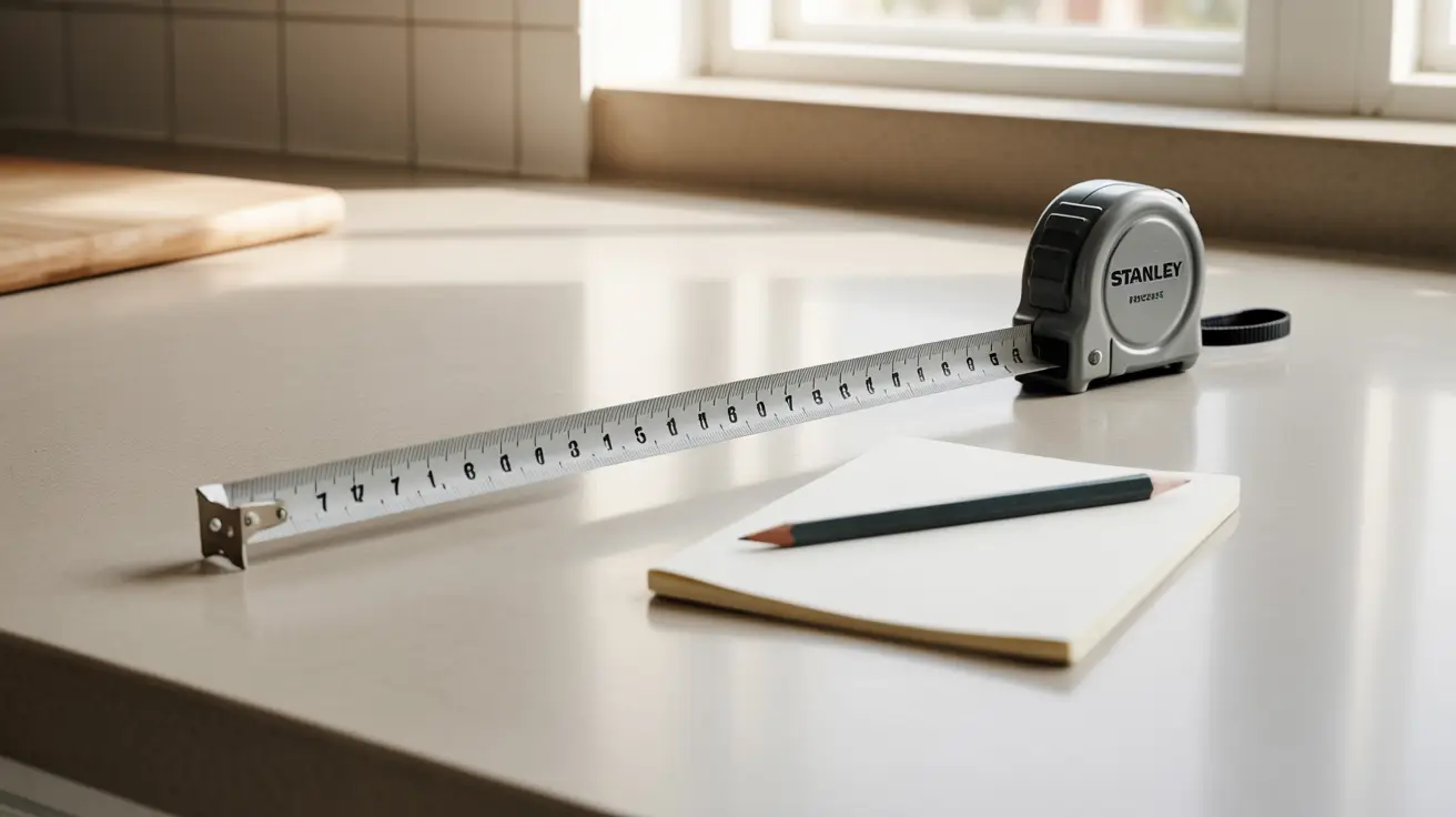 A photograph of a silver tape measure stretched diagonally across a clean, light-grey kitchen counter.