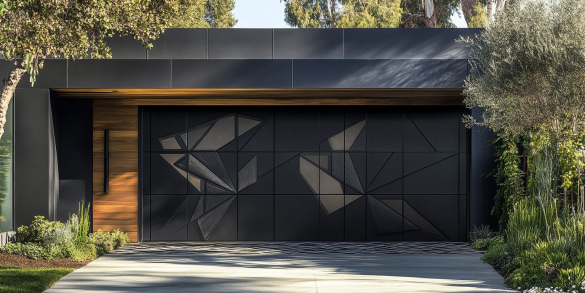 A black garage door with a black roof AI-generated content may be incorrect.