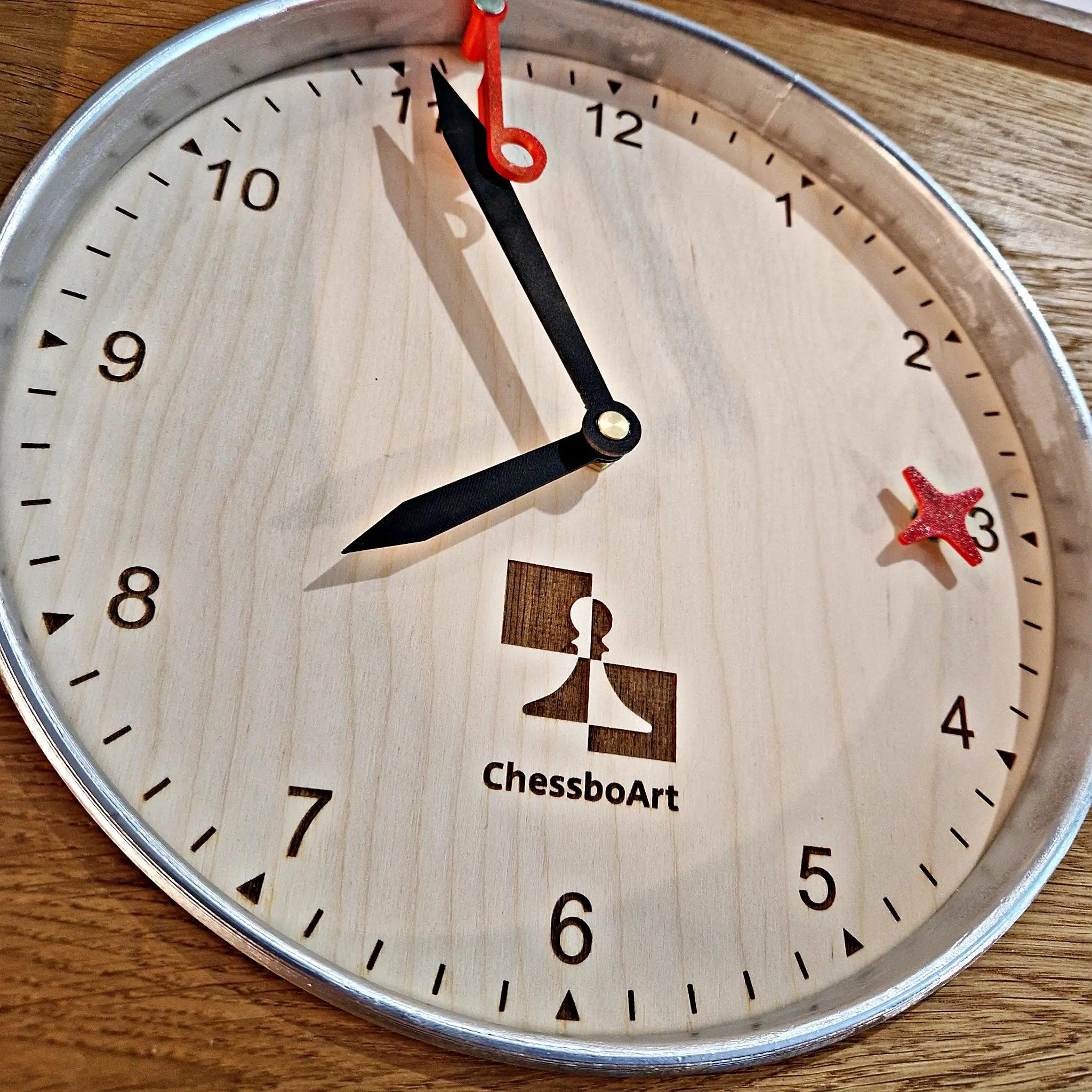 Large restored wooden chess clock by ChessboArt and Ruhla Gardé on a console