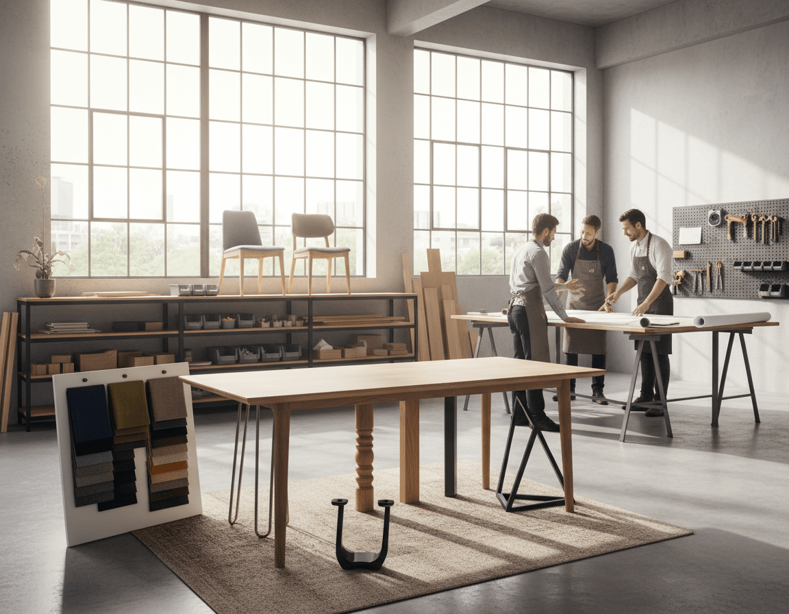 A modern, bright workshop showcasing customizable furniture options being assembled. In the foreground, a sleek wooden dining table with interchangeable legs and finishes, accompanied by various fabric swatches for chair upholstery, neatly displayed. The middle ground features a designer-focused workspace with artisans in professional attire, thoughtfully discussing assembly techniques over detailed blueprints. The background consists of a well-organized shelving unit filled with components and materials, with natural light streaming through large windows, creating a warm atmosphere. Soft shadows highlight the intricate textures of the wood and fabric. The scene conveys creativity, craftsmanship, and the joy of personalized design.